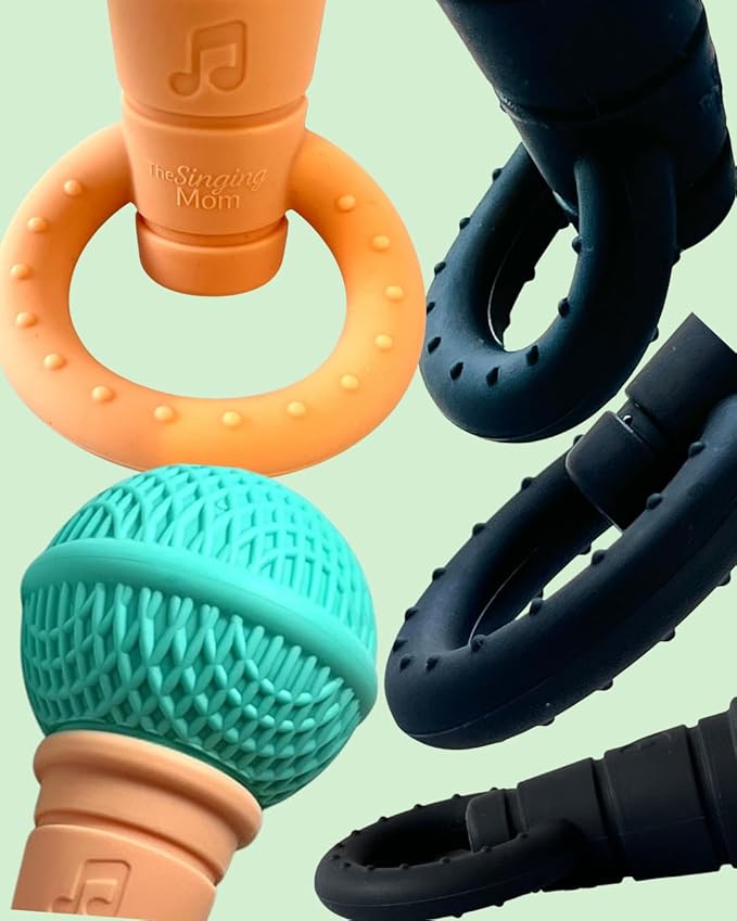Microphone-Shaped Silicone Baby Teether - BPA Free, with Rattle, Musical/Singing Toy, Dishwasher & Freezer Safe, Easy-to-Grip Teething Shaker Toy for Newborns, Infants, Toddlers. (Gray Black)