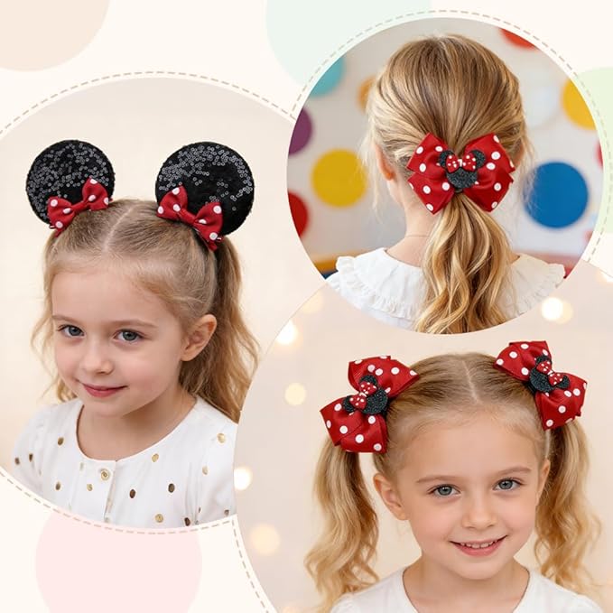 2 Pairs Red Dot Mouse Ears Hair Clips & Mouse Hair Bows Barrettes for baby Girls Accessories Birthday Party Decorations Gift