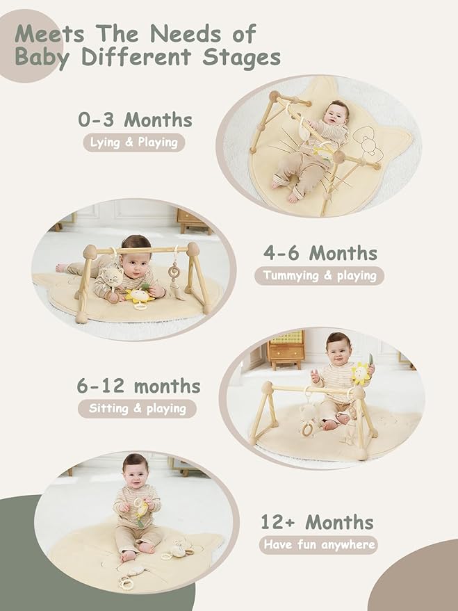 4-in-1 Wooden Baby Play Gym & Activity Mat, Soft Cotton Tummy Time Mat for Babies 0+,with 3 Detachable Toys for Sensory & Motor Skill Development,Newborn Infant Baby Essentials Gift,Kitten