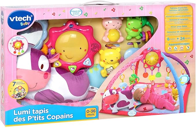 VTech - Lumi Tapis des P'tits Copains Rose, Musical and Evolutionary Play Mat, Activity and Development Toy, Rattles, Cow Plush, Baby Birth Gift - English Content