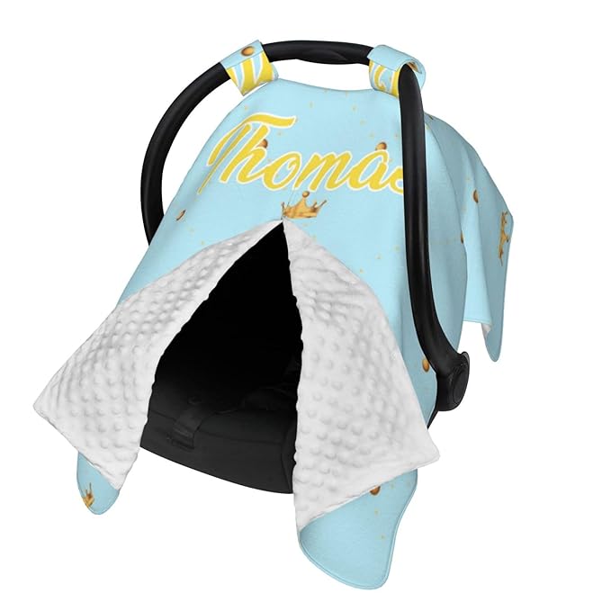 Personalized Baby Car Seat Canopy for Babies, Custom Name Prince Car Seat Covers for Baby Boys Girls, Opening Minky Nursing Breastfeeding Cover for Infant, Carseat Canopies for Newborn