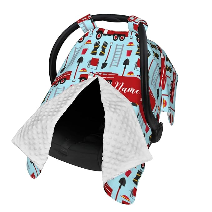 Personalized Fire Trucks and Firefighter Baby Car Seat Canopy for Babies with Name, Custom Car Seat Covers for Baby Boys, Peekaboo Opening Minky Nursing Cover Infant Car Seat Canopies for Newborn