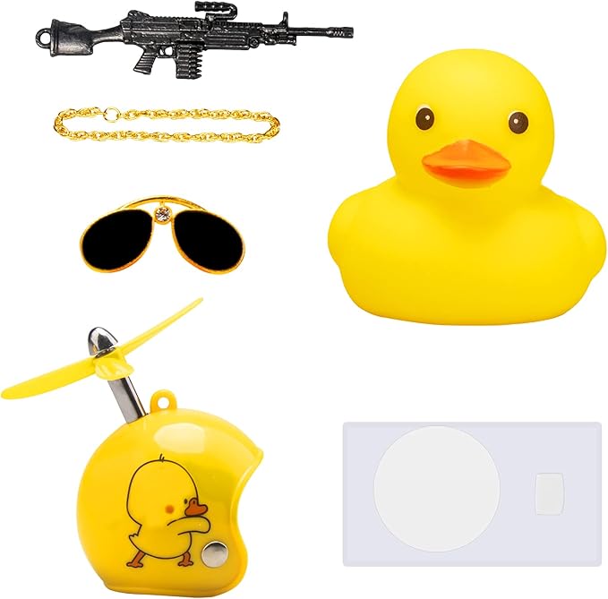 wonuu Rubber Duck Car Ornaments Cool Yellow Duck Car Dashboard Decorations Squeaky Glasses Duck with Propeller Helmet for Car ccessories Dashboard (Duckling-Yellow G)