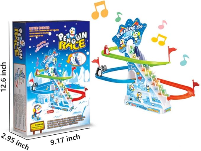 Musical Fun Penguin Chasing Track Game, Playful Roller Coaster Toys for Toddlers and Kids, Playset with Flashing Light,On and Off Music Switch, Stair Climbing Penguins Set for Kids 3+