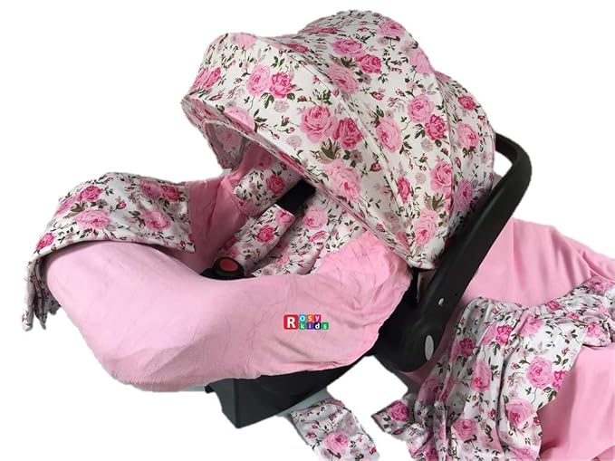 9pc Baby Girl Ultimate Set of Infant Car Seat Cover Canopy Headrest Blanket Hat Nursing Scarf, 25JE01