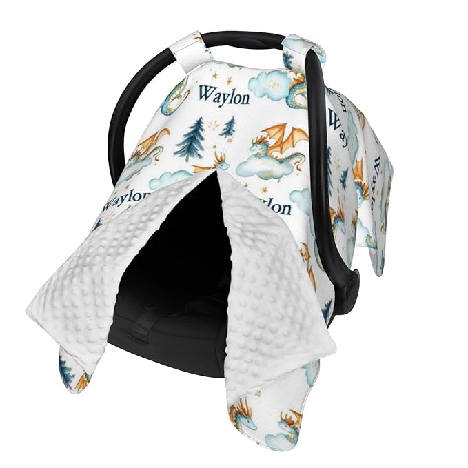 Personalised Dragon Baby Car Seat Cover for Boys, Customized Babies Carseat Covers with Name, Windproof Sun Protection Baby Carseat Canopy, Multi-use Nursing Breastfeeding Covers for Infant
