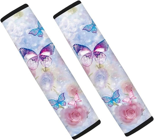 Rose Seat Belt Cushion Shoulder Strap Butterfly Car Seat Belt Holder 2 Piece Set Universal Flower Car Anti-Slip Shoulder Belt Protector for Cars Trucks SUVs Airplanes