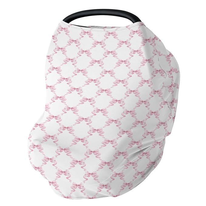 Pink Bows Ribbon Baby Car Seat Covers Pastel Baby Pink Ribbons Stretchy 5-in-1 Cover Adjustable Infant Carseat Cover Canopy Watercolor Bows Girly Breathable Nursing Cover-Up