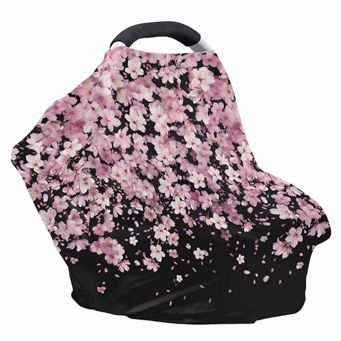 Coldinair Cherry Blossom Car Seat Cover for Babies Girls,Nursing Cover,Soft Stretchy Infant Carseat Canopy,Shopping Cart/High Chair/Stroller Covers