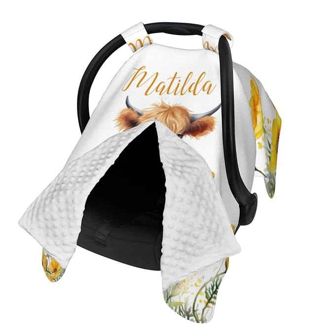 Personalized Baby Car Seat Canopy with Name – Custom Sunflower Highland Cow Minky Nursing Cover for Boys & Girls, Soft Stroller Cover for Infants & Newborns, Carseat Canopy for Breastfeeding