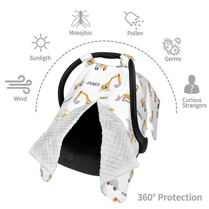 Personalized Baby Car Seat Canopy for Babies with Name, Custom Construction Vehicle Stroller Car Seat Covers for Boys, Nursing Carseat Cover for Breastfeeding, Car Seat Canopies for Infant Newborn