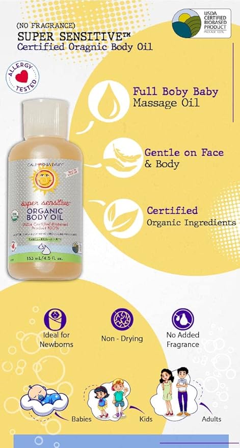California Baby Super Sensitive Organic Baby Oil | Moisturizing | Unscented Baby Massage Oil For Newborn + Adults | Hypoallergenic | 133 ml / 4.5oz