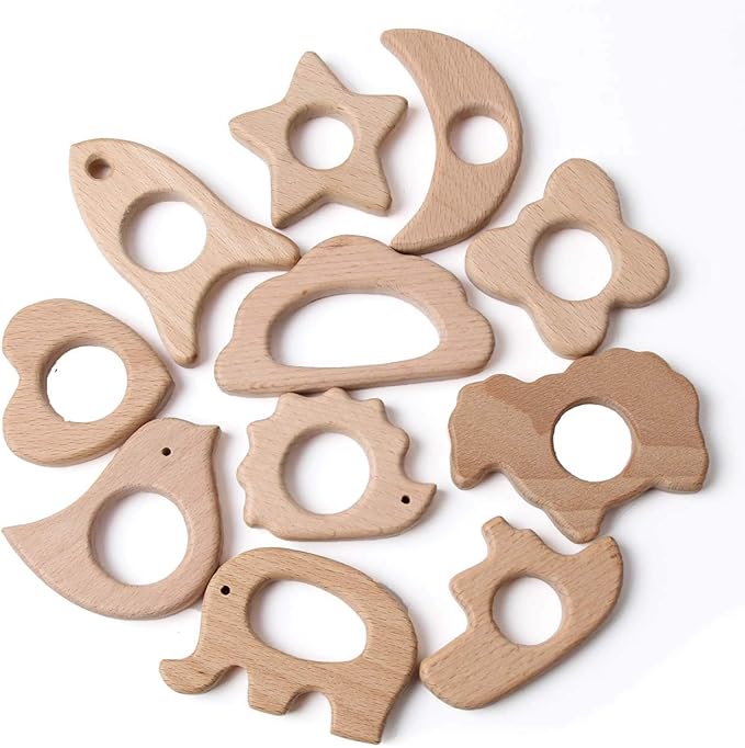 Wood Teethers for Babies DIY Necklace and Bangles Soothes Gum Pain Molar Teething Wood, Bird Elephant Sheep Moon Rocket Butterfly Star Heart Hedgehog Ship Cloud