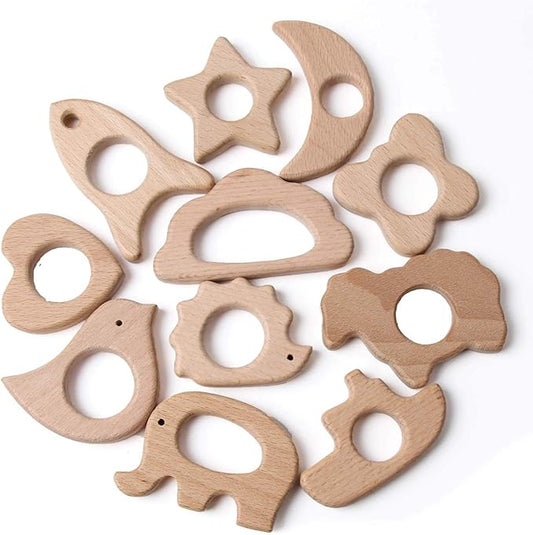 Wood Teethers for Babies DIY Necklace and Bangles Soothes Gum Pain Molar Teething Wood, Bird Elephant Sheep Moon Rocket Butterfly Star Heart Hedgehog Ship Cloud
