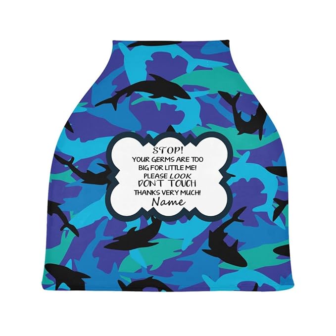 No Touch Sign Baby Car Seat Cover Personalized, Customized Shark Stroller Canopy with Name, Multiuse Nursing Covers Breastfeeding Scarf, Shower Gift for Newborn Boys Babies