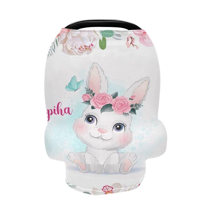 Personalized Baby Car Seat Covers with Name, Custom Nursing Cover Breastfeeding for Babies, Carseat Canopy for Girls, Infant Stroller Cover for Winter, Breathable Carseats Cover (Cute Rabbit)