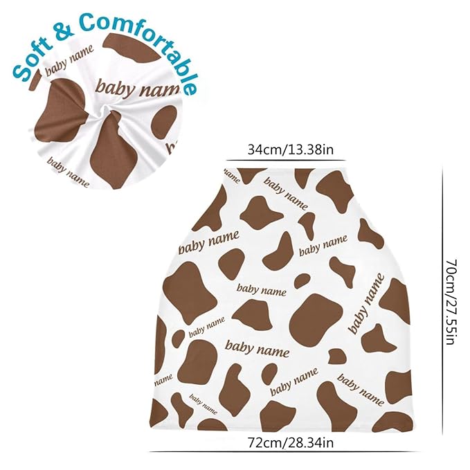 Personalized Baby Car Seat Cover for Babies, Custom Name Baby Car Seats Canopy for Boys Girls, Cow Stripes Brown Nursing Breastfeeding Stroller Covers for Infant Newborn, Shower Gift for Baby