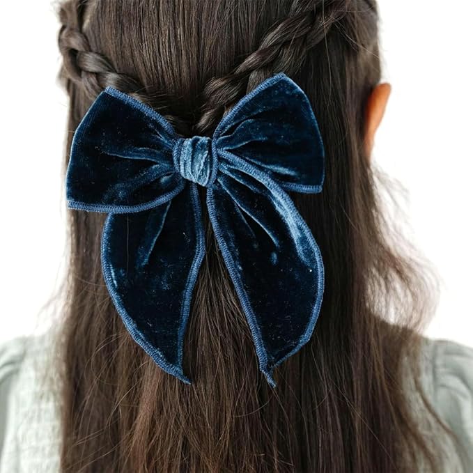 Pack of 4 Large Velvet Fable Bow Hair Clips for Kids Toddler Girl Mom Velvet Hair Bow Alligator Clips Baby Girls Women Hair Accessories (Pink/Navy)