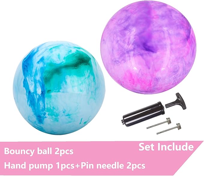 Marbleized Bouncy Balls - Set of 2 Large Inflatable Bouncy Ball with Hand Air Pump & 2 Pin Neddles