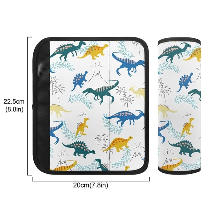 ENLACHIC Baby Car Seat Belt Cover, Cute Dinosaur Print Car Seat Shoulder Strap Pads, Infant Car Seat Cushion Safety Seatbelt Protector for Kids Boys Girls,Dinosaur Leaf