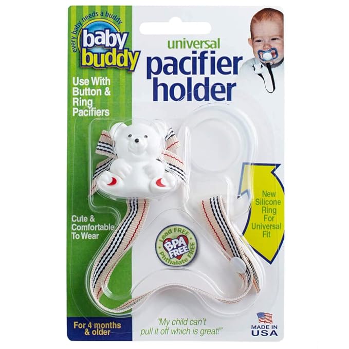 Baby Buddy Pacifier Clip Holder, Newborn Essential with Universal Fit for All Binky and Teether Brands, Ages 4+ Months, Multicolor, 1 Pack