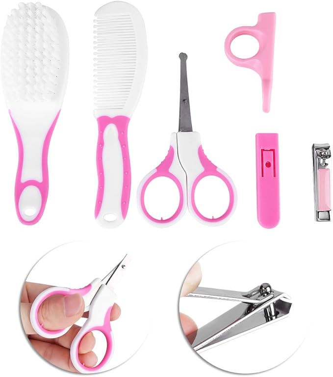 Baby Grooming Kit, Toes Fingernails Care, 6 pcs Baby Nail Kit Daily Care Set with Hair Brush, Hair Comb, Scissor, Nail Clipper, Nail Clipper Cover and Nail Scissor Handle Cover()