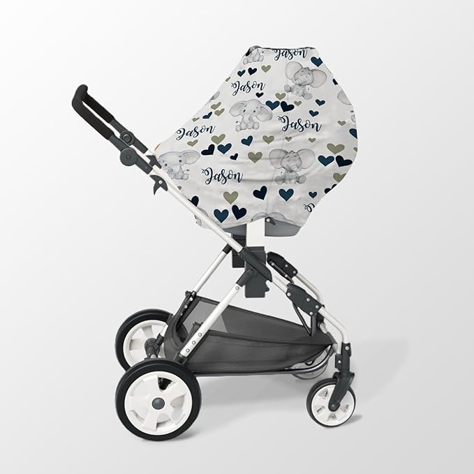 Personalized Baby Car Seat Cover Stroller Canopy: Custom Name Newborn Baby Boy Girl Elastic Elephant Love Nursing Cover for Moms First Birthday Gift Gray(one Size)