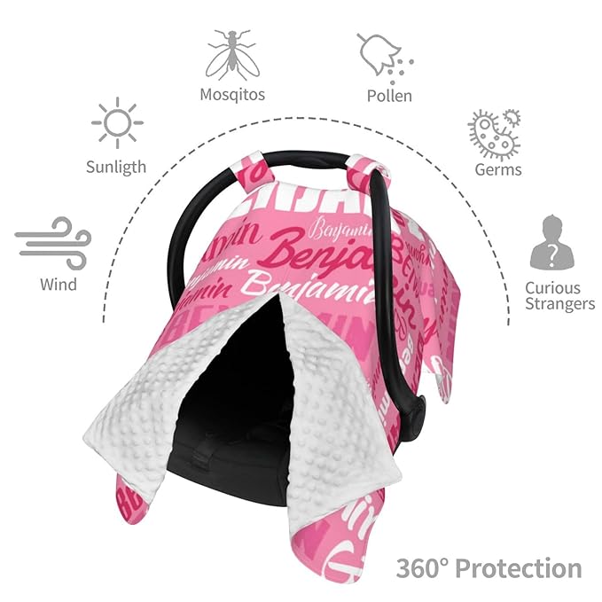 Personalized Baby Car Seat Canopy for Babies, Custom Name Baby Car Seats Covers for Girls, Opening Minky Nursing Breastfeeding Cover for Infant, Carseat Canopies for Newborn (Pink)