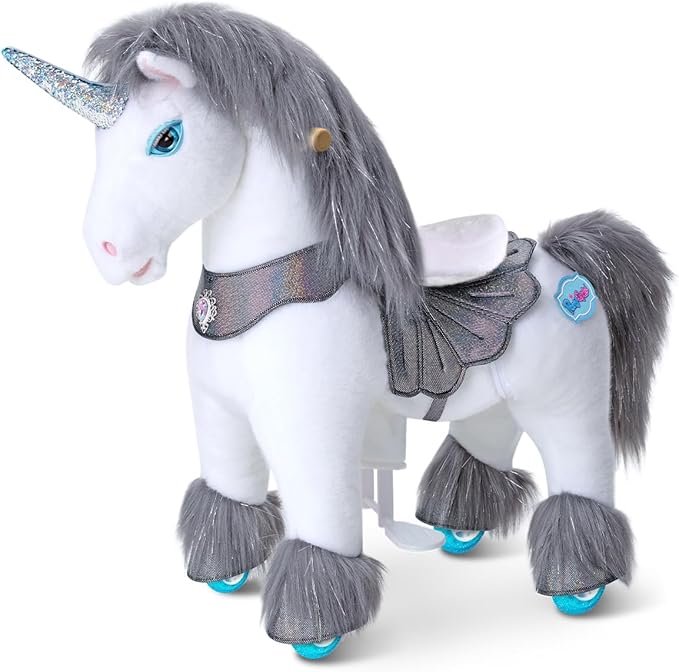 PonyCycle Grey Pony Ride on Horse Unicorn Advanced Model Y Riding Unicorn Ponies Toy (28.7" Height for Kids Ages 3–4) Riding Pony with Wheels, Realistic Birthday Gift for Kids Pony Ride Y356
