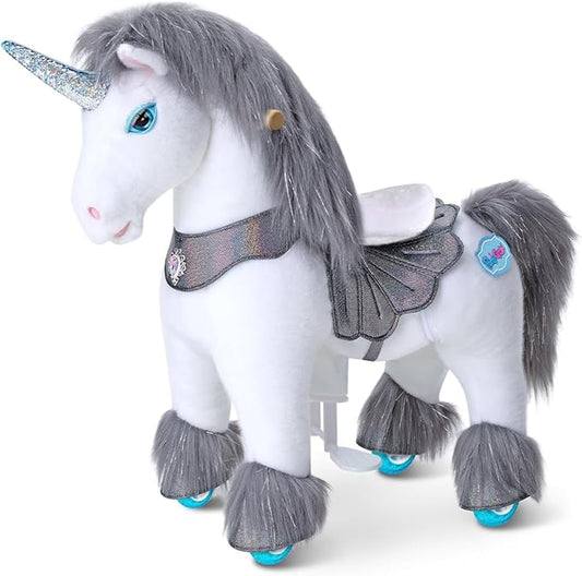 PonyCycle Grey Pony Ride on Horse Unicorn Advanced Model Y Riding Unicorn Ponies Toy (28.7" Height for Kids Ages 3–4) Riding Pony with Wheels, Realistic Birthday Gift for Kids Pony Ride Y356