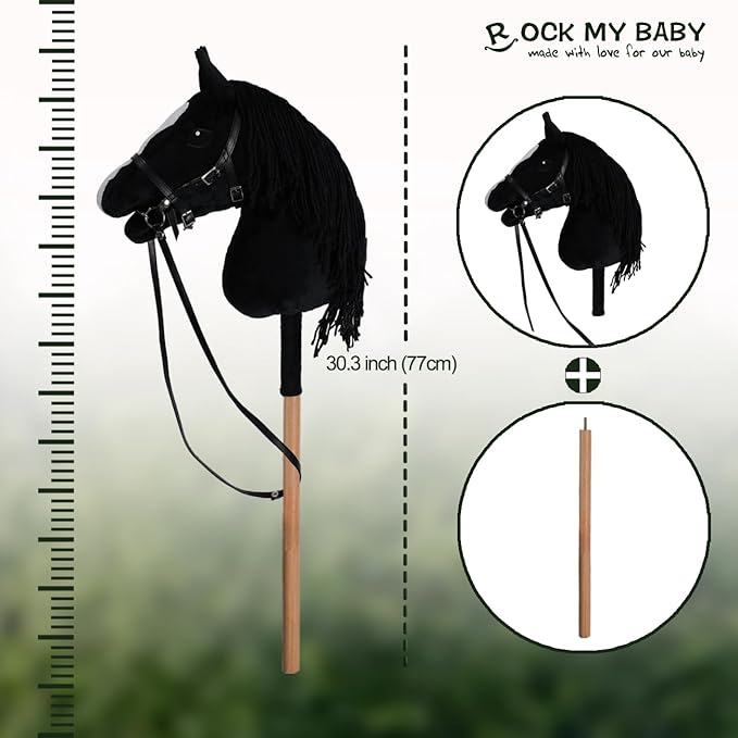 ROCK MY BABY Hobby Horse with a Detachable Bridle Plush Stuffed Stick Horse with Award Ribbon for Kids 3+ Years Old (Black)