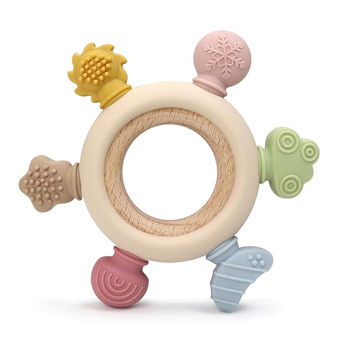 Baby Teether Ring for 0–12 Months, Detachable Wooden Silicone Teether with Easy-Grip Round Design, Sensory Teething Toy with Soft Textured Tips for Early Development