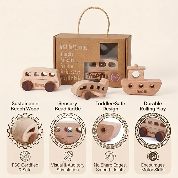 Wooden Toys for 1 Year Old – Montessori Baby Toy Set with Bus, Airplane & Boat – Minimalist Nursery Decor & Teething Safe Infant Toys for Boys and Girls – 3 Piece Ergo-Fit Set