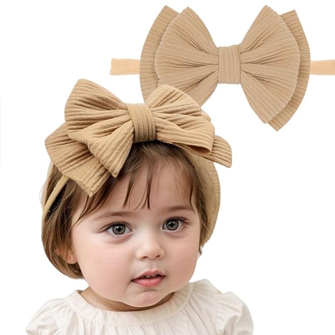 Baby Girl Soft Nylon Bow Elastic Headband Turban Toddler Infant Bow-knot Stretchy Hair Band Birthday Party Hair Bow Ribbon Accessories for Newborn Baby (Bow 2 - Light brown, Elastic)