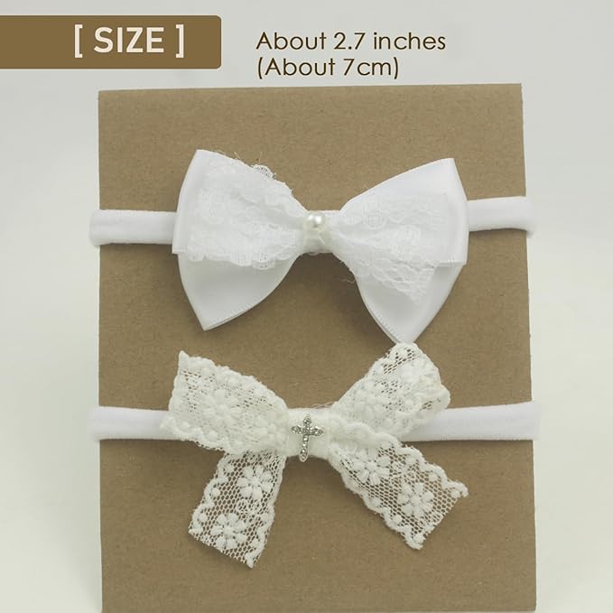 Newborn Girl Small White Lace Bow Baby girl Baptism Headband with Cross