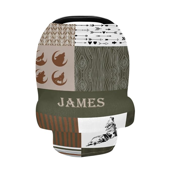 Personalized Car Seat Covers for Babies, Customized Infant Carseat Cover Canopy for Boys, Breathable Nursing Cover Breastfeeding Scarf, Soft Infant Stroller Canopy, Woodland Wolf