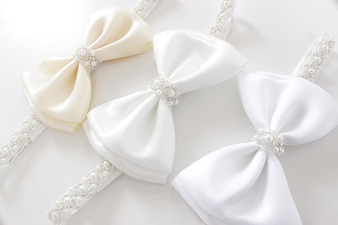 0-12 Newborn Baby Baptism Pearl Headband or Clip with Bow in WHITE Christening Headband with Satin Bow, Pearl Rhinestone Band (Cream(0-3Months), 1 Count (Pack of 1))