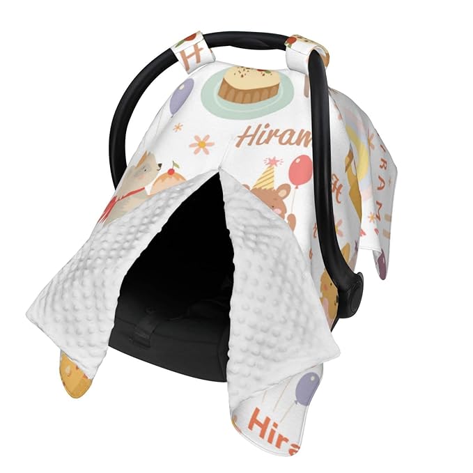 Personalized Baby Car Seat Cover with Name, Customized Cute Animal Peekaboo Opening Car Seat Canopy for Baby Girls Boys, Nursing Covers Breastfeeding Scarf, Stroller Canopies for Newborn Infant