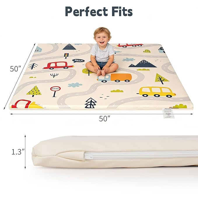 1.3" Thick Baby Play Mat for Floor，50x50 PU Leather Playpen Mat for Toddlers Infant Kids,Ultra Soft Support Cushioned & Waterproof Playmat for Baby Girls and Boys Play on Floor/Car Pattern