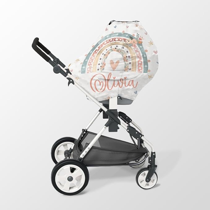 Personalized Baby Car Seat Cover Stroller Canopy: Custom Name Newborn Baby Girl Elastic Love Rainbow Nursing Cover for Moms First Birthday Gift Pink(one Size)