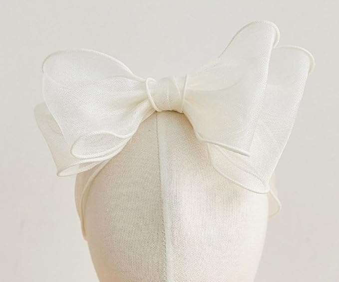 Baby Girls Lace Bow Headband Cute Chiffon Bow-Knot Toddler Hairband Elastic Soft Lace Infants Birthday Party Hair Accessories (White-1, One size)