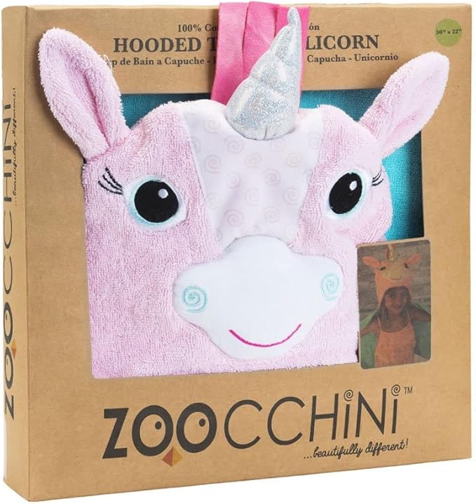 ZOOCCHINI Hooded Bath Towel for Kids 100% Cotton Terry, Plush & Absorbent for Bathtime or Pool, 50" x 22" 2-6 Years, Allie the Alicorn