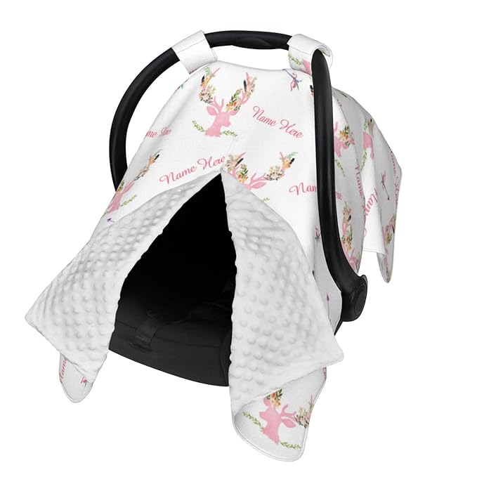 Custom Baby Name Car Seat Covers for Babies, Carseat Canopy, Peekaboo Opening Minky Nursing Breastfeeding Cover Infant Canopies for Baby Girls Newborn (Print Girl Antler Flowers, Pink Minky Dot)
