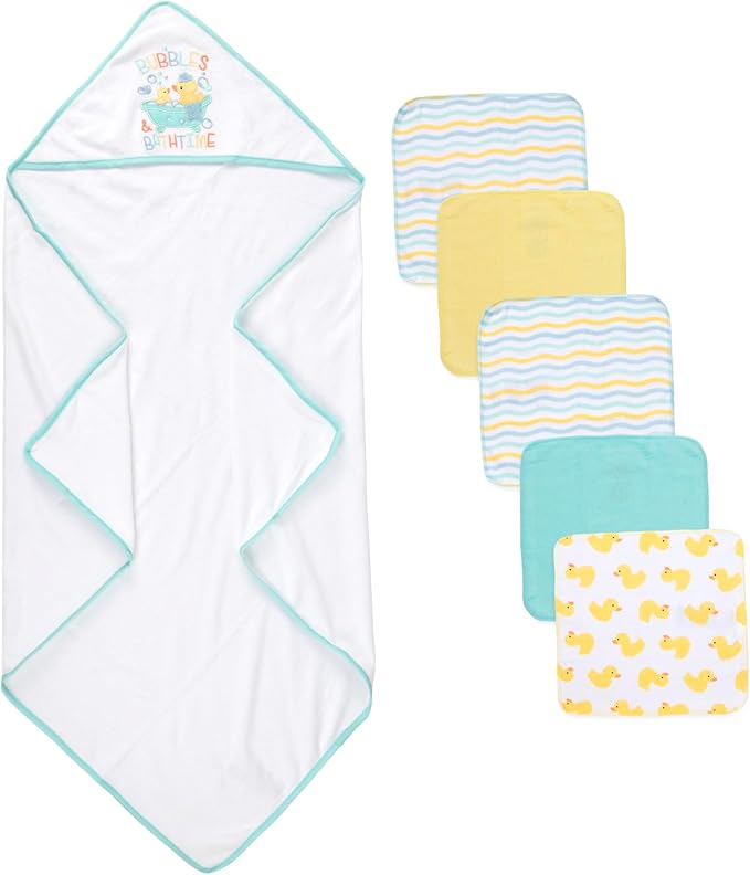 Baby Hooded Bath Towel and Washcloth Set for Babies 6-12 Months (Yellow Duck – Unisex)