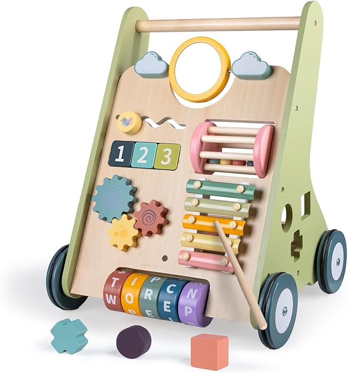 LOL-FUN Wooden Baby Walker with Wheels, Baby Walker for Boys 12 Months Push Toy, Montessori Walking Toys for 1 Year Old Activity Center