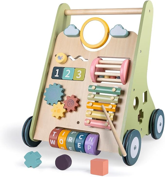 LOL-FUN Wooden Baby Walker with Wheels, Baby Walker for Boys 12 Months Push Toy, Montessori Walking Toys for 1 Year Old Activity Center