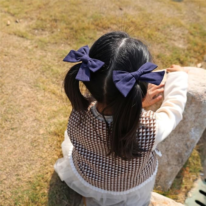 3 Styles Hair Bow Clips for Little Girls Toddler Baby Mom Women Hair Barrettes Accessories 4 Pcs Cotton Linen Bows Navy