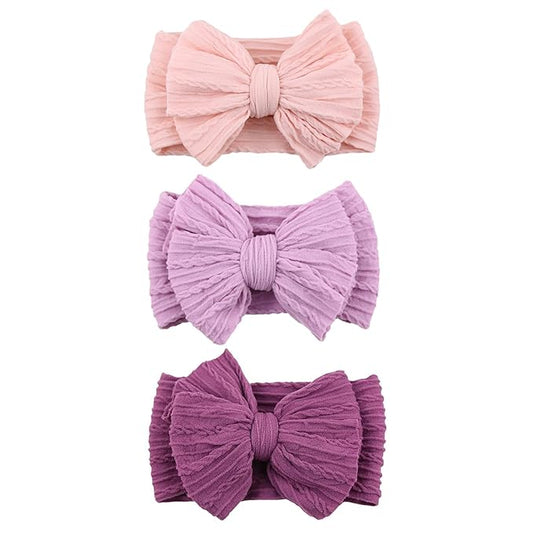 3 Pcs Valentines Baby Bows Headbands Soft Nylon Hairbands Super Elastic Headband Hair Accessories For Baby Girls Infant Toddler Essentials (Pink Light Deep Purple, Mid)