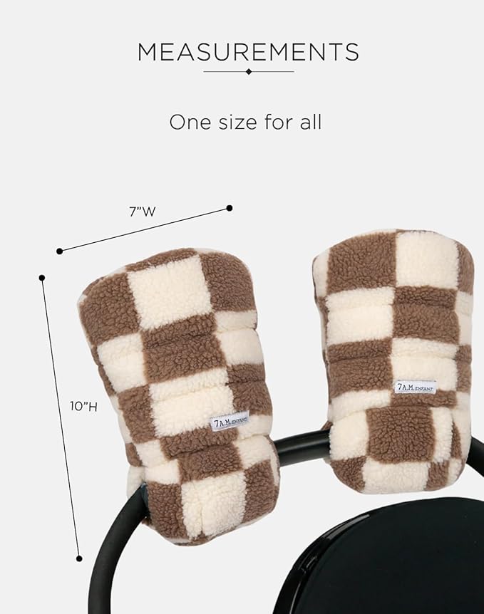 7AM Enfant Stroller Warmmuffs Gloves - Anti-Freeze Stroller Mittens for Handlebars, Water Repellent Hand Warmer Muff for Cold Weather, Plush Lined (Print Checkers Tan)