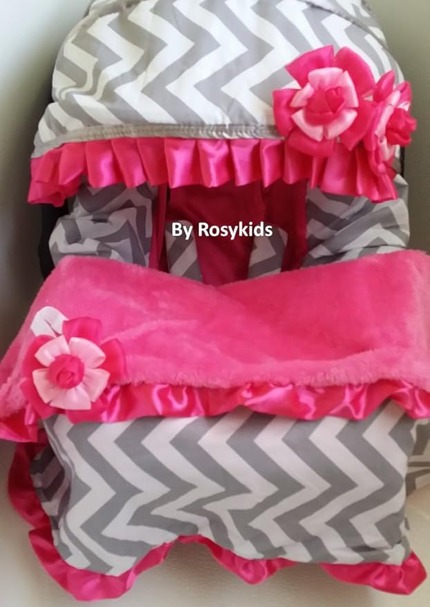 Rosy Kids Infant Carseat Canopy Cover 4pc Whole Caboodle, Baby Car Seat Cover Baby Blanket Outdoor Kit, Cotton Chevron Print, Hot Pink